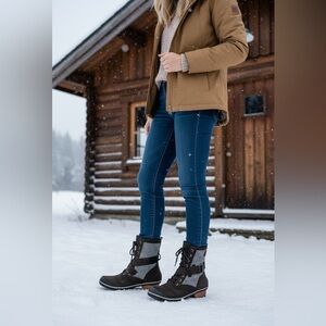 Sorel Black Slimboot Lace Up Boot Leather Herringbone Buckle Details Waterproof